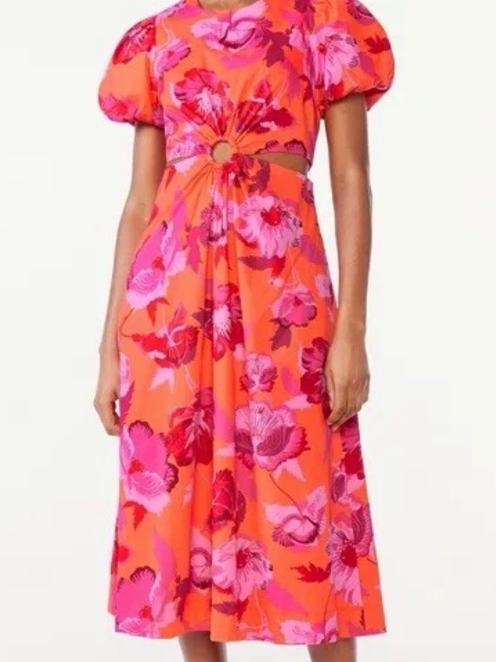 Floral Cutout Midi Dress in Orange and Pink and Red